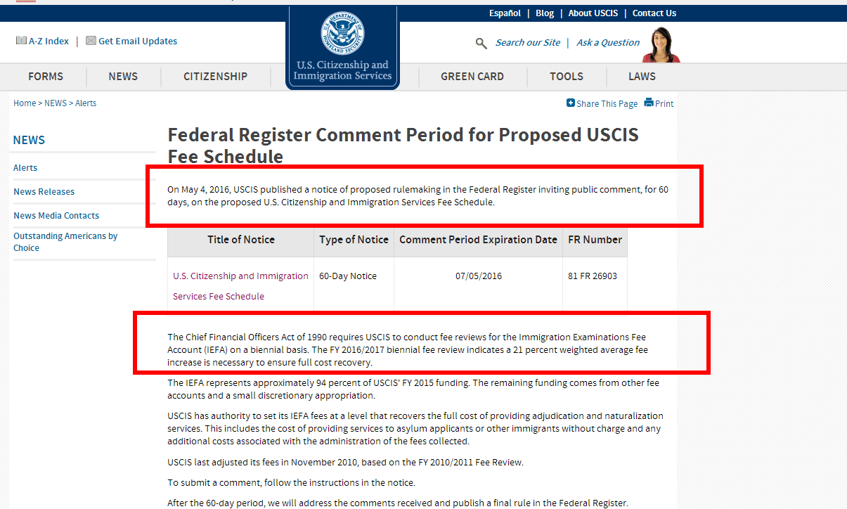 EB-5漲價提前，美國移民局官網，美國投資移民漲價，移民簽證申請費用提高