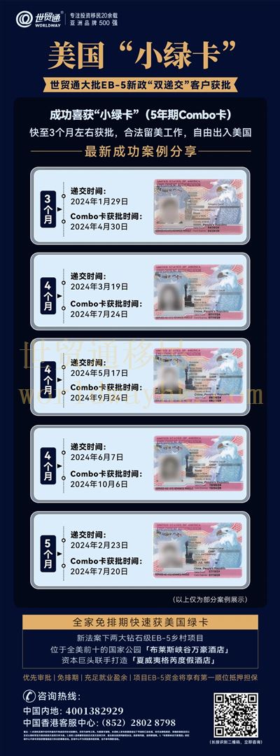 新法案下，投資EB-5預(yù)留簽證類別下的EB-5鄉(xiāng)村項(xiàng)目，免排期且擁有移民局優(yōu)先審理權(quán)。同時(shí)，美國境內(nèi)的EB-5申請人，包括留學(xué)生，可以在美國進(jìn)行“雙遞交”。世貿(mào)通已有多批EB-5投資人成功獲得了移民局審理批準(zhǔn)的Combo卡（工卡/回美證），最快僅用時(shí)3個(gè)月。